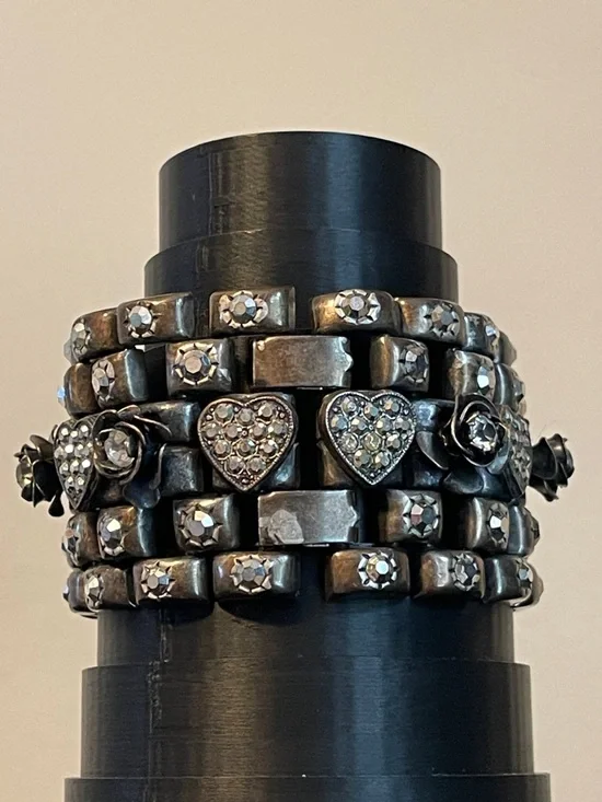 Vintage Rhinestone Heart, Starburst & 3-D Rose Silver Tone Panel Bracelet - Picture 12 of 12